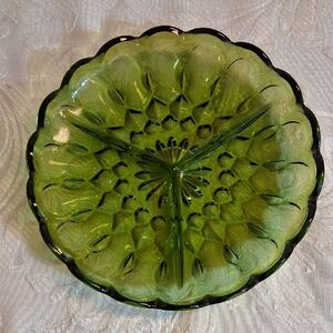 Vtg Anchor Hocking "Fairfield" Avocado Green Glass Divided Relish Dish